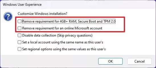 «Remove need for 4GB+ RAM, Secure Boot and TPM 2.0» را پاک نمایید